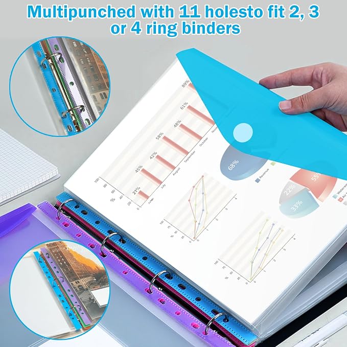 10 Pack Binder Folders with Pockets 11 Holes Expandable Dividers for 2/3/4 Ring Document Pouch with Label Loose-Leaf Transparent Binder Organizer for School Home Office