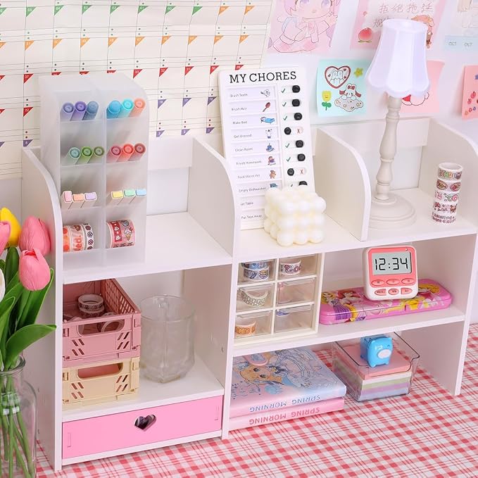 Cute Bookshelves Cute Bookshelf for Desk Kawaii Desk Organizer with Drawer Office Desk Organizers and Accessories Storage Home Decor Display (Pink)