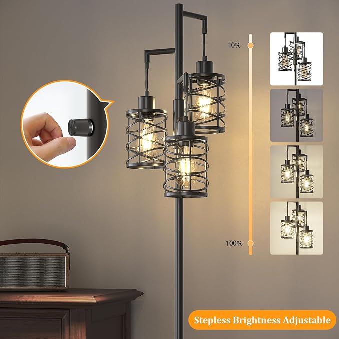 70" Industrial Floor Lamp, Stepless Dimmable Standing Lamp with 3 Bulbs, Farmhouse Corner Standing Tree Lamp for Living Room, Tall Lamps for Bedroom, Office, Study Room, Dining Room, Black