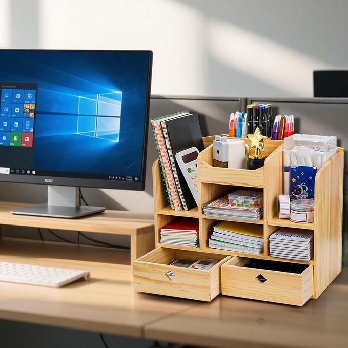 Wooden Desk Organizer with Drawers, 10 Compartments | Countertop Office Supplies Accessories Organization, Multifunctional Storage Box Makeup Storage Shelf Rack for Home, Office
