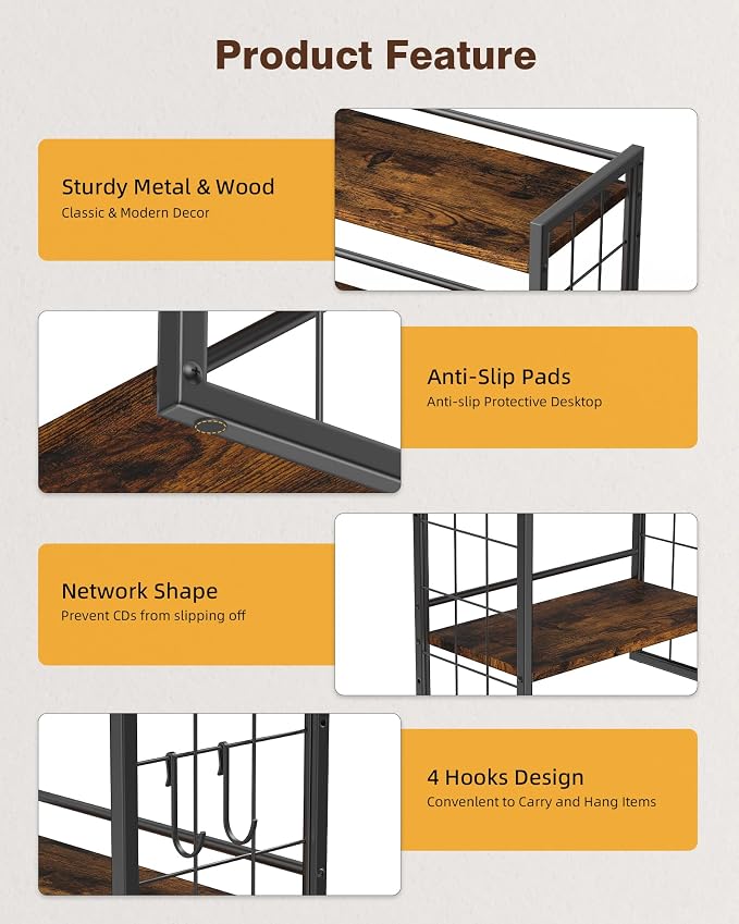 2-Tier Desktop Bookshelf, Desk Shelf Organizer, Rustic Brown | Adjustable Height & 3 Assembly Options, 4 Removable Hooks Provide Extra Storage for Supplies, Books & Home Decor