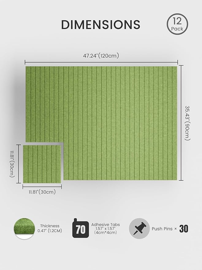 Bumusty Large Cork Board Alternative-47 x35 Felt Bulletin Board Tiles, with 30 Pushpins, 70 Adhesive Tabs, 12-Pack Slat Wall Paneling, Cork Boards for Office Push Pin Board Felt Board-Kelly Green