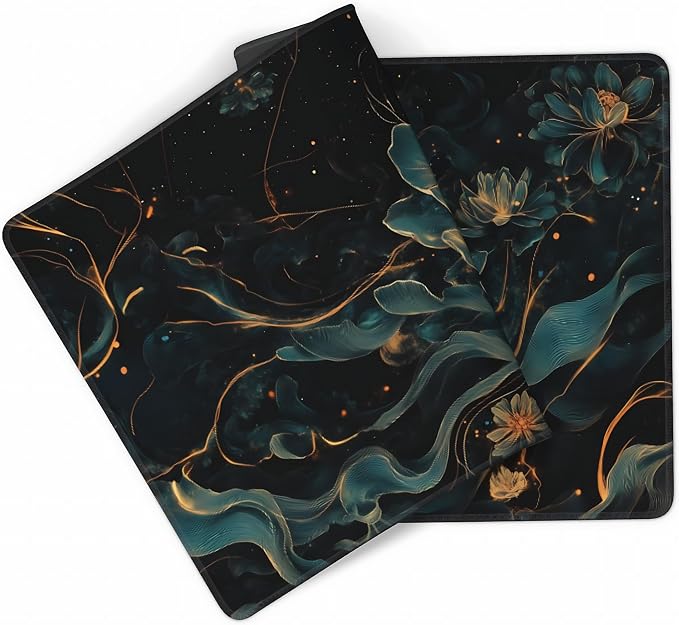 Floral Aesthetic Lotus Gaming Mouse Pad, Black Gold Chinoiserie Desk Mat with Anti-Slip Base & Stitched Edges, Office Supplies & Desk Decor for Women, 35.4" x 15.7" in Home Office Essentials
