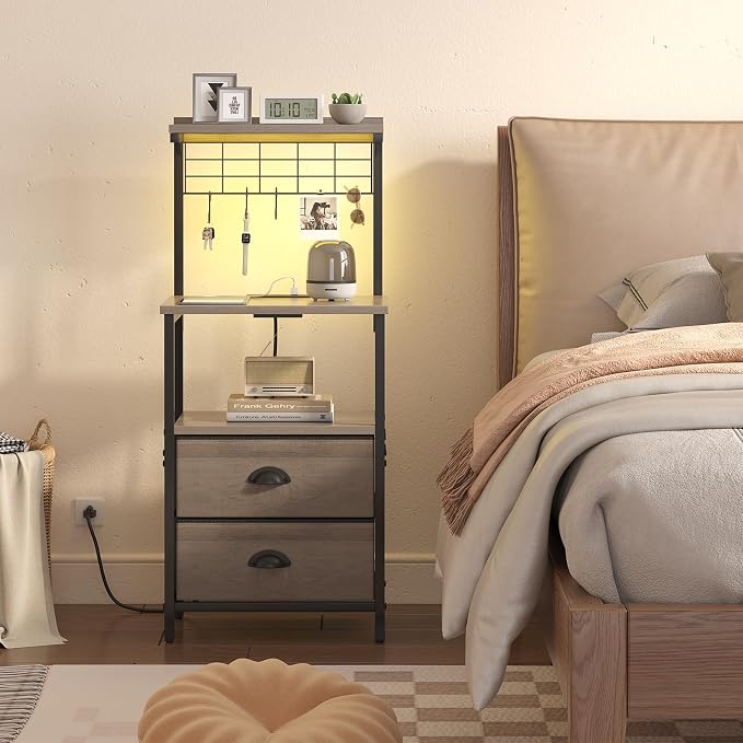 sthmec Tall Nightstands with Charging Station, LED Night Stand Bedsides with 2 Drawers Fabric, Hooks,USB Port and Open Storage Shelves,Tall End Table Bedside for Bedroom,Office, Grey