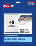 Avery® Glossy Clear Round Labels, Sure Feed® Technology, 1" Diameter, 1,200 Glossy Clear Labels, Print-to-The-Edge, Laser/Inkjet Printable