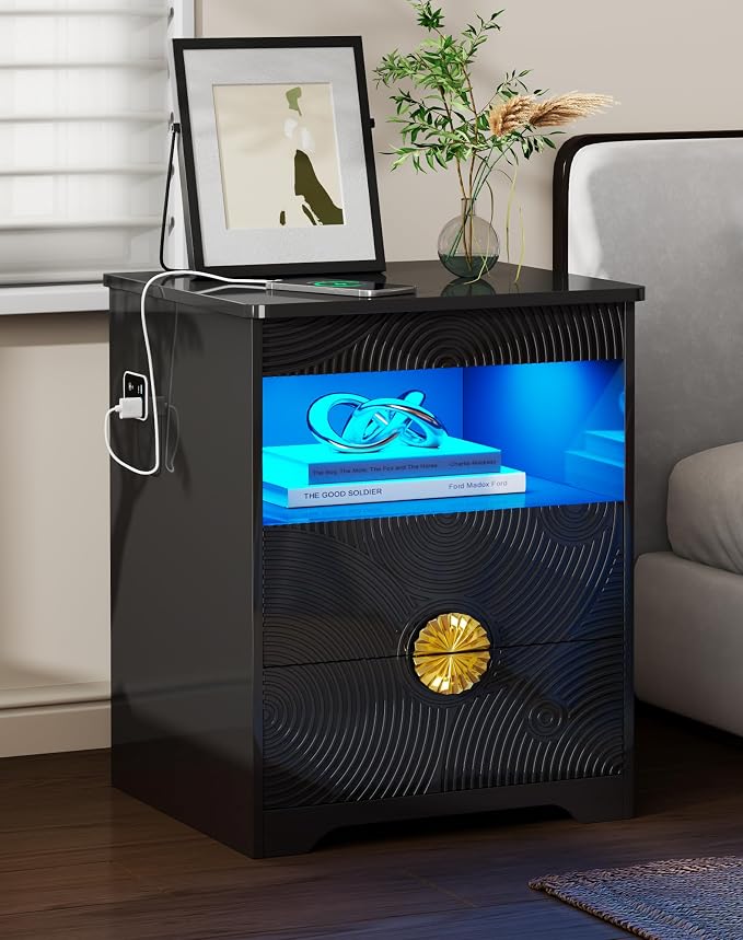 LED Nightstand Set 2 with Gun Drawer & Charging Station | 3-Color Lights & Human Body Sensor, Smart Charger Station, 2 DrawersHidden Storage, End Table Bedroom Livingroom