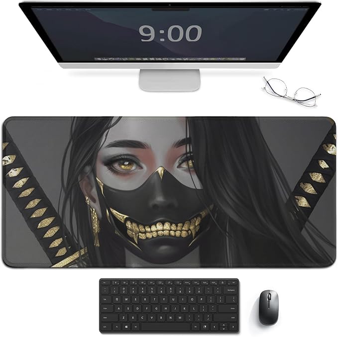 Gaming Mouse Pad Large Mousepad Aesthetic Anime Girl Japanese Samurai Portrait Desk Mat for Keyboard and Mouse Mat Non-Slip Rubber Desk Pad 40x90cm