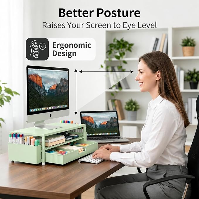 ECOLOVI Desk Organizer and Accessories, 2-Tier Computer Monitor Stand Rise with Storage Drawer & 2 Pen Holders, Laptop & Printer Stand for Desktop, Workspace Organizers for Office Supplies (Green)