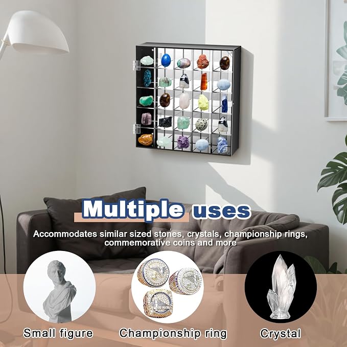 Cinnvoice Rock Display Case 25 Grids,Black Border, Square | Adjustable Acrylic Display Case, Crystal Organizer for Collectible, with Built-in Mirrored, Magnetic Door, Wall Mount