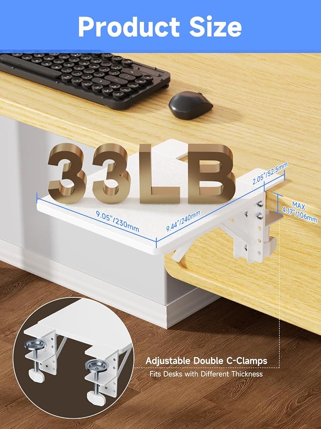 suptek Ergonomics Desk Extender Tray, 9.5"x9.1" Clamp on Table Mount Arm Wrist Rest Shelf, 90° Foldable Computer Arm Rest for Desk, White, DSF3W