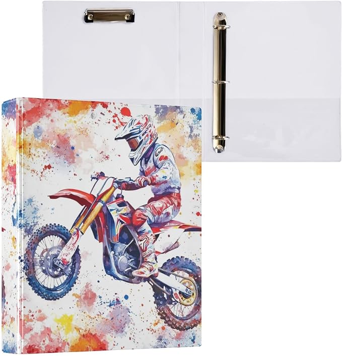 Watercolor Motocross Colorful Decorative 3 Ring Binder 1.5 Inch Large View Binders with Pockets File Organizer for Office College School, 2 Pack