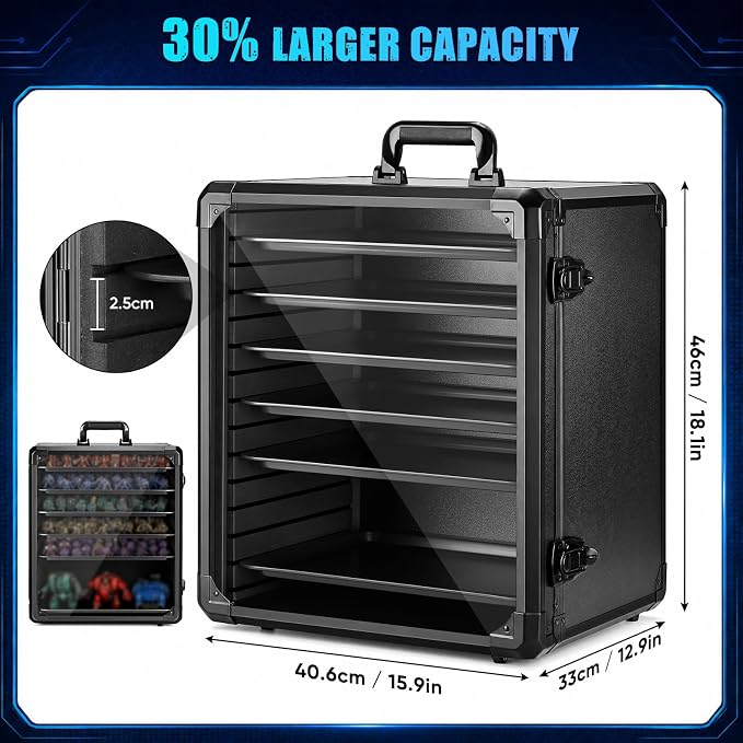 ONULISS Miniature Carrying Case with Side Mesh Pouch 6 Trays (X-Large Size) | Miniature Storage & Transport Case - Aluminum Alloy Frame & 6 Metal Trays for Display Figure Collectibles 15.9” x 12.9” x 18”
