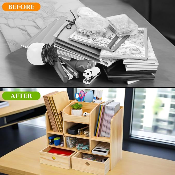 Wooden Desk Organizer with Drawers, 10 Compartments | Countertop Office Supplies Accessories Organization, Multifunctional Storage Box Makeup Storage Shelf Rack for Home, Office