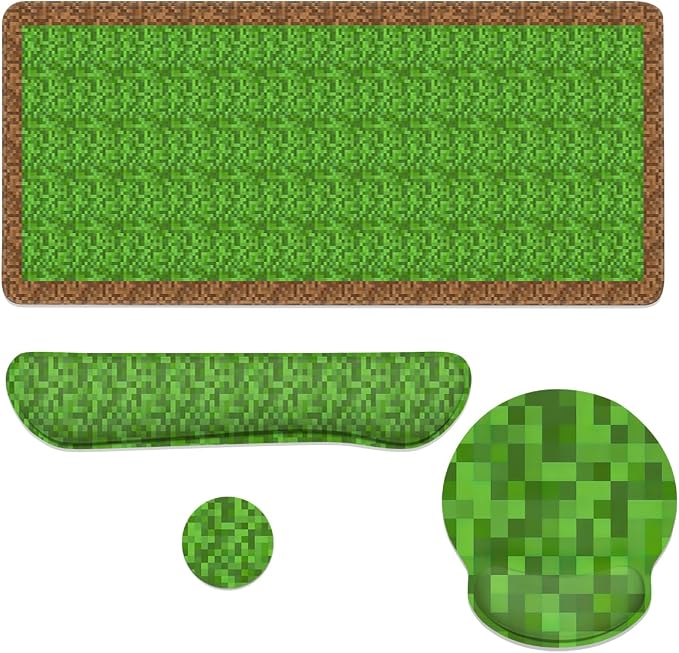Pixel Game Mouse Pad Set Gamer Pixel Grass Gaming Mousepad 4in1 Desk Mat for Desktop Wrist Support Cup Coaster Set Ergonomic Computer Desk Arm Wrist for Decor Home Office