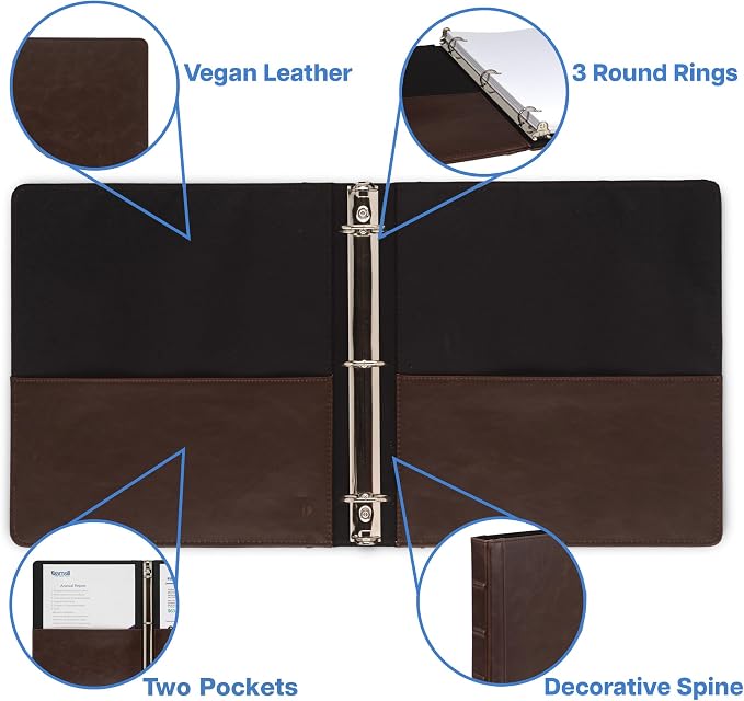 Samsill Vintage Leather Binder, 1.5 Inch Round Ring (Holds 325 Sheets), Letter Size 8.5x11 Documents, Professional Organizer Portfolio, Planner, No Zipper, Brown