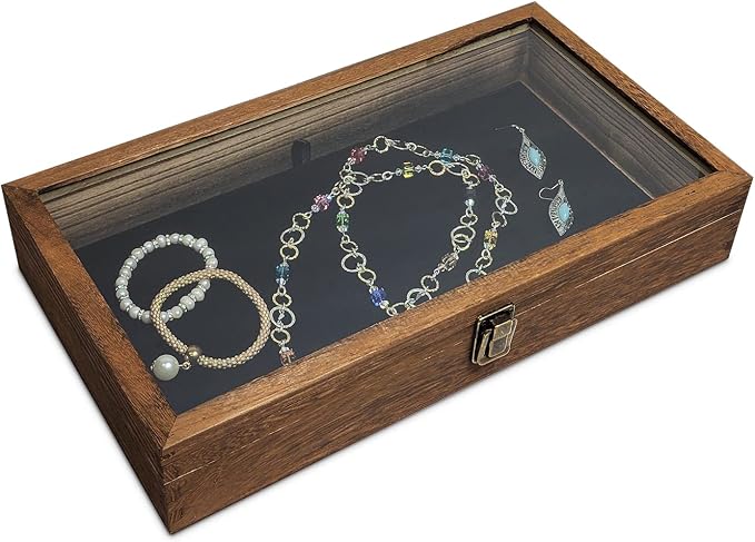 MOOCA Wood Jewelry Display Case with Tempered Glass Top, Velvet Pad | Wood display case with a glass top and removable black velvet pad accommodates taller jewelry and collectibles.