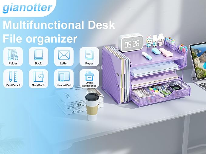 gianotter Wood Desk Organizers and Accessories with File Holder, 4-Tier Desk Accessories & Workspace Organizers with Drawer and 2 Pen Holder, Desk Reference Organizer (Purple, 4T with Metal Drawer)