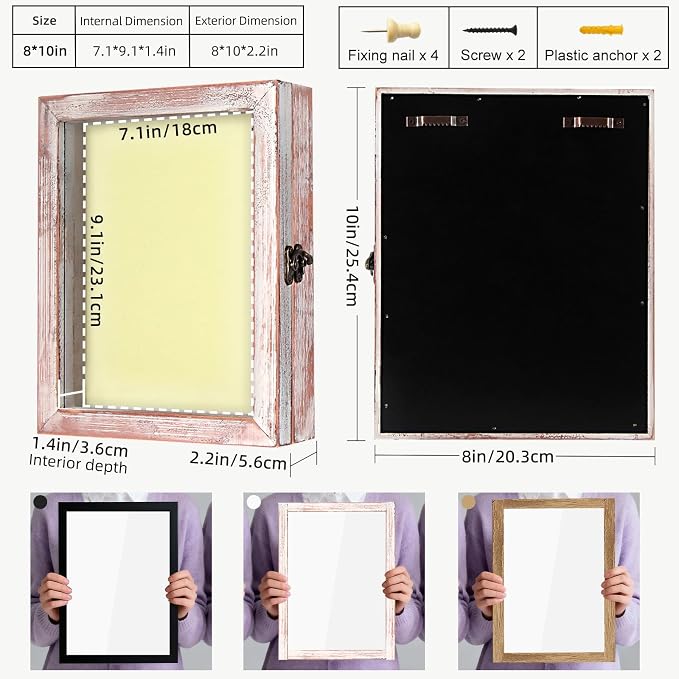 TJ.MOREE Shadow Box 8 x 10 Display Case Wood Picture Frame White Pink | Memory Box with Linen Back for Memorabilia, Bouquet, Military Medals, Pet Memorial Gifts