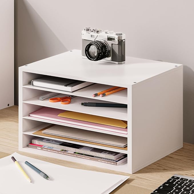 Ballucci 5 Tier Paper Organizer Letter Tray, Wood Desk File Organizer with Adjustable Shelves, Home Office School Letter/A4 Mail Sorter Magazine Holder - White