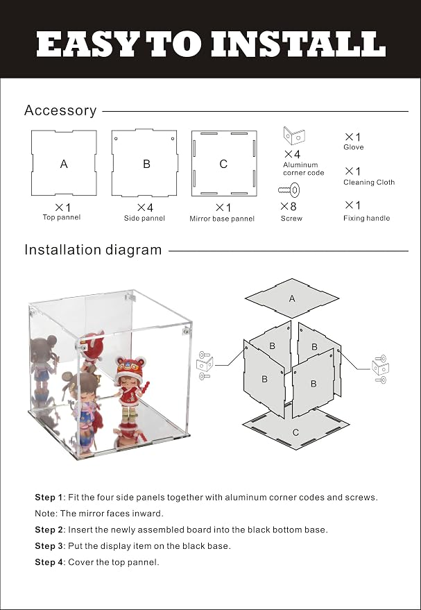 6x6x6Inch Self-Assemble Clear Acrylic Display Case with Mirror Back | Action Figure Dustproof Storage Display Box with Mirrored Base Stand, Cube Storage Containers for Home Office Collectibles
