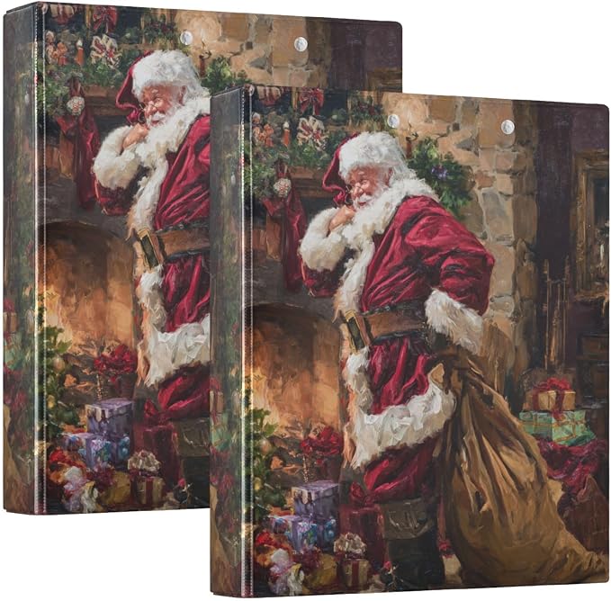 Funny Christmas Santa Claus Binder 3 Ring 1.5 Inch Binder with Clipboard&Pockets, Hardcover Binders Heavy Duty Large File Folder for Office School Supplies - Holds 200 Sheets, 2 PC