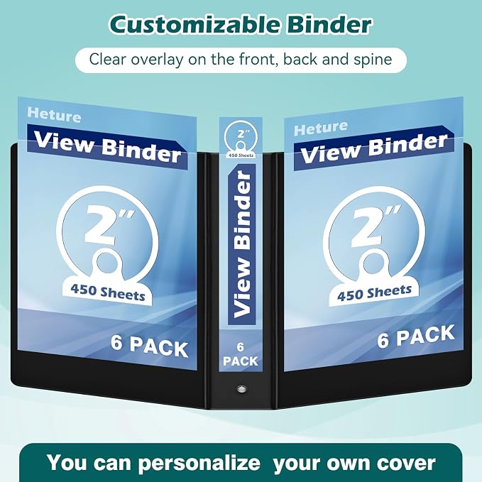 Heture 3 Ring Binder 2 Inch 6 Pack,2" Clear View with Round Rings, PVC-Free,Holds for 450 Sheets 8.5X 11 US Letter Size Paper, Durable Black Binders Perfect for Office,School and Home