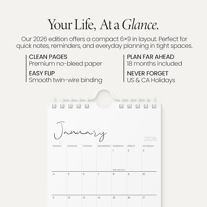 Karto Small Wall Calendar 2026 6x9 in - Cursive | January 2026 to June 2027, Vertical, Boosts Productivity, Easy Monthly Planning