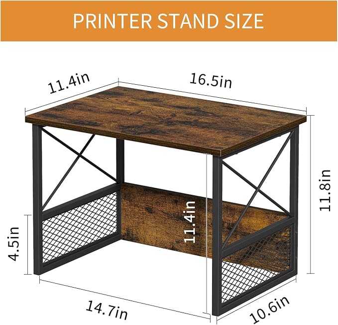 Printer Stand for Desk, Desktop Printer Stand Shelf Organzier for Home Office, for Above and Under Desk, Fax Machine Copier Scanner, Rustic Brown