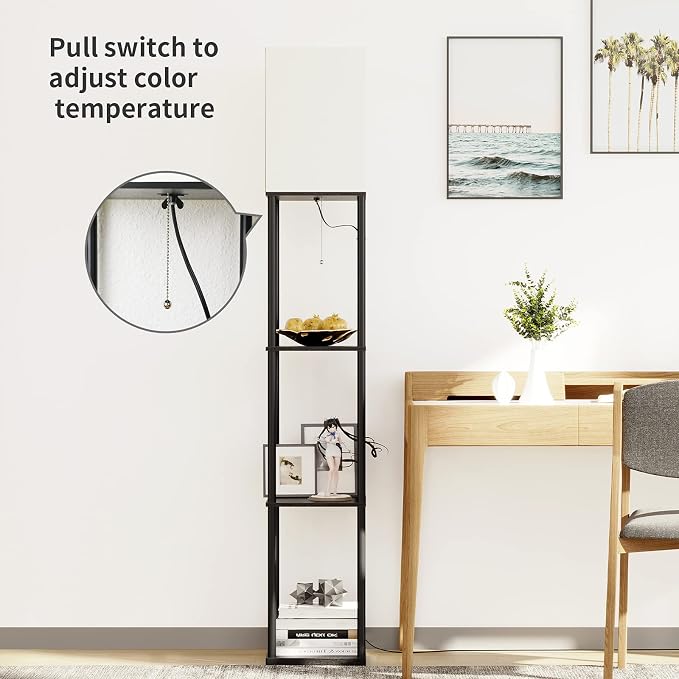SUNMORY Floor Lamp with Shelves, Standing Lamps for Living Room, Black | 3 CCT LED Bulb Include, 4-Tier Display Bookshelf, 63" Tall Corner Shelf Lamp, Modern Style for Bedroom, Office, Home Decor