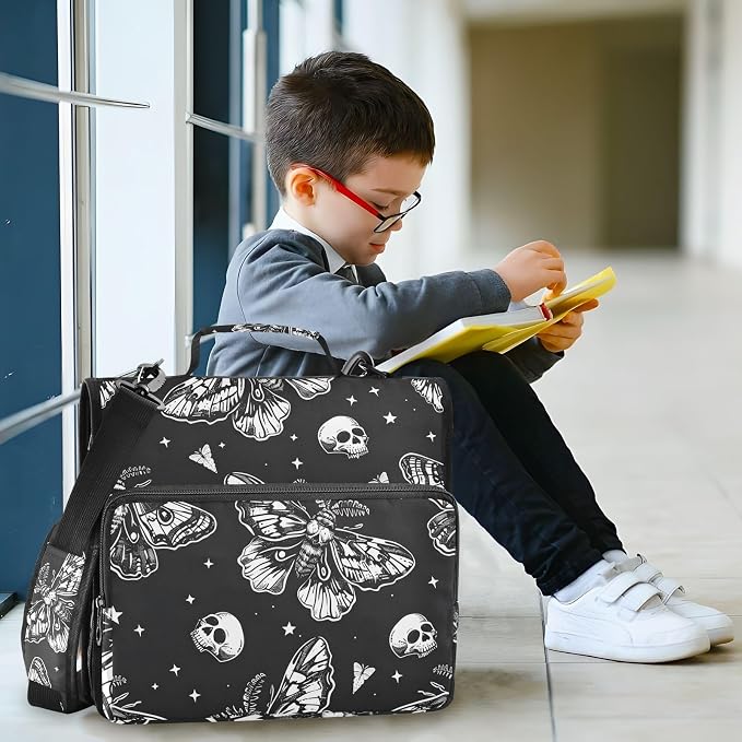 3 Ring Zipper Binder with Shoulder Strap Skull Moon Moth Black Skeleton 1.5 inch Binders Keeper Large Capacity Multi Pockets for School Office Supplies