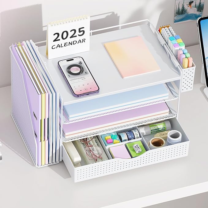 gianotter Wood Desk Organizers and Accessories with File Holder, 4-Tier Desk Accessories & Workspace Organizers with Drawer and Pen Holder, Desk Reference Organizer (White, 4T with Drawer)