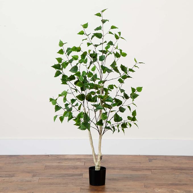 Nearly Natural 4 ft Artificial Birch Tree Real-Touch Leaves Indoor Plant | Nature-Inspired Detail, Light-Hued Bark, Flexible Branches, Stable Nursery Planter Included, Modern Living Room Decor Accent