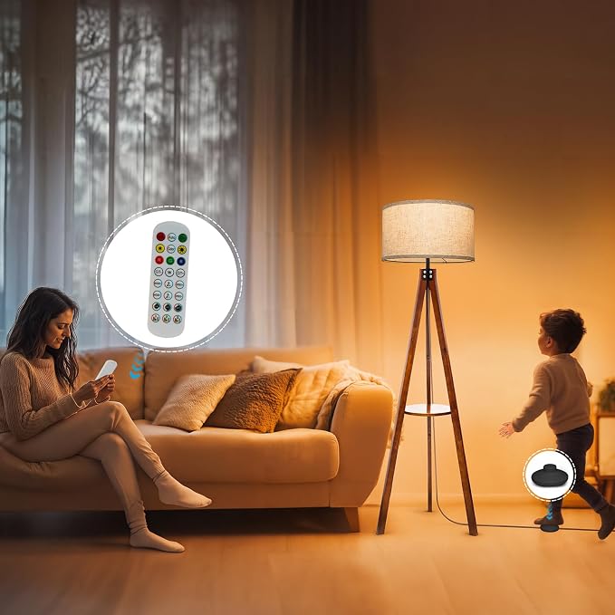 EOEYYOYB Floor Lamps with Shelf, Modern Standing Lamp with 3 Color Temperature Led Bulb, Tall Lamps with Foot Switch for Living Room Bedroom and Office, Walnut