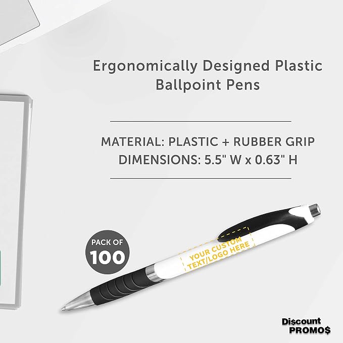 DISCOUNT PROMOS Ballpoint Pens With Rubber Grip - 100 pack - Customizable Text, Logo - Black Ink Ball Point Pen with Soft Touch Plastic - White