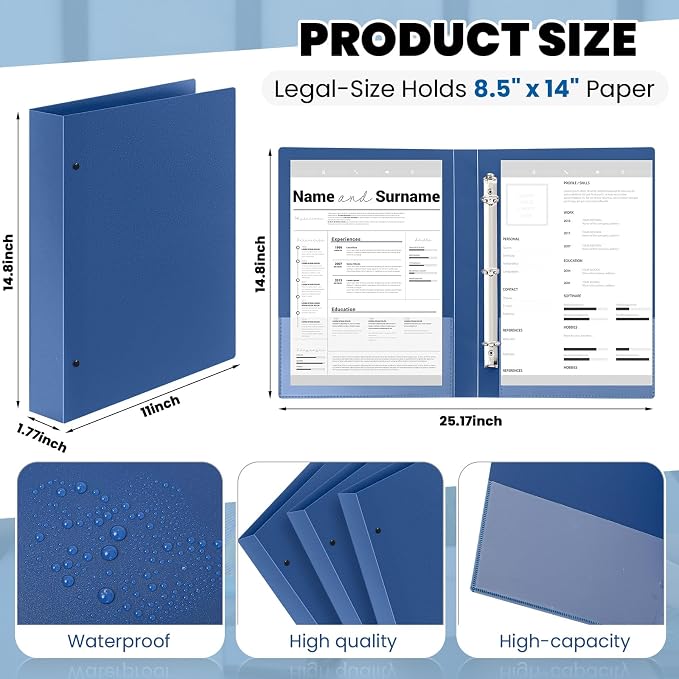 Henoyso 4 Pcs Legal Size Binder 3 Ring 1.5" Durable Navy Blue Binders for 8.5" x 14" Paper Hold up to 175 Sheets for Documents Artwork Blueprints, Office, Home, Work Places