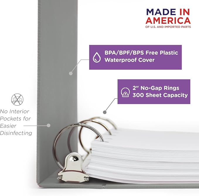 Carstens 2-Inch Heavy Duty 3-Ring Binder - Side Opening, Ash Gray, Durable Plastic, No-Gap Rings, Waterproof Cover No Pockets, Holds 300 Letter-Sized Sheets, BPA-Free, Made in USA (2822-3R) Case of 16