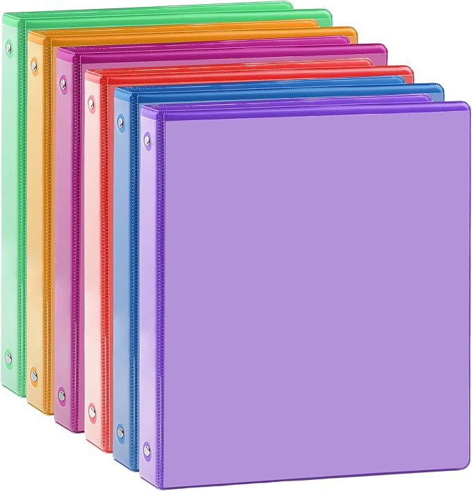 6 Pack 3 Ring Binder, 1 Inch Binder, Round Ring Binders | 2 Interior Pockets & Clear View Overlay, Large Capacity, for Office Supplies, School, Home - 6 Colors, Rainbow Colors