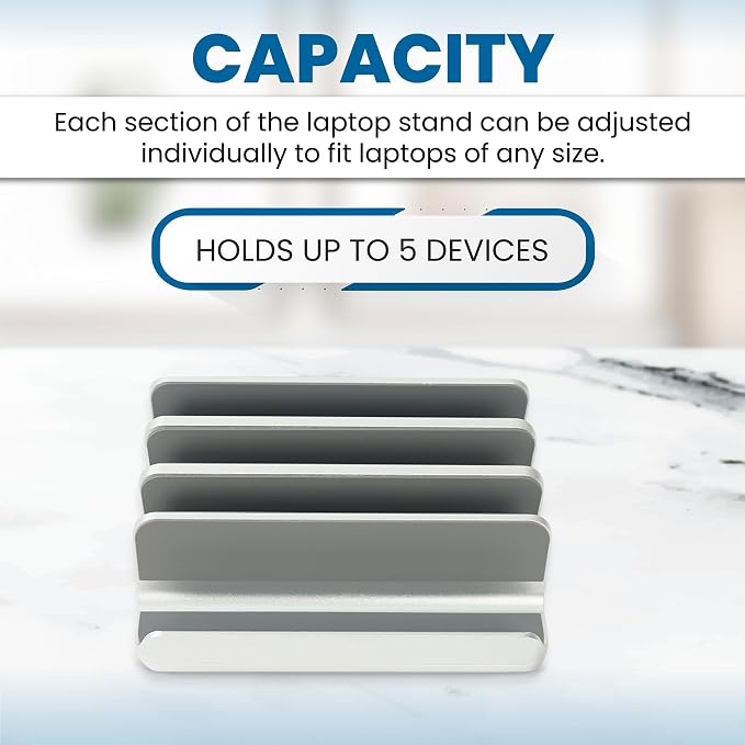5- Slot Vertical Laptop Stand - Aluminum Laptop Stand Vertical for Desk - Fits MacBook Pro/Air, Surface, Mobiles & Gaming Laptops up to 17.3" - Heavy Duty Laptop Holder for Desk - (Silver)