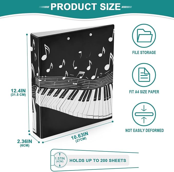 Aslsiy Kids 3 Ring Binder 1.5 Inch Piano Keys Musical Notes Girls Round Clipboard Binder Decorative Harcover Binders Organizer for Office School Supply