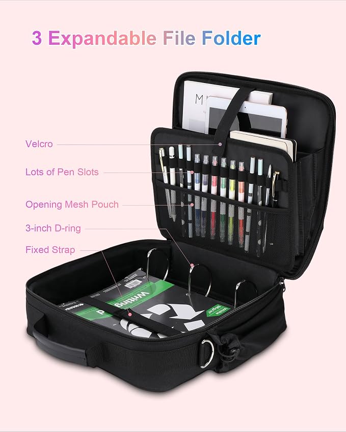 3 Ring Zipper Binder 3 Inch D Rings with Double Water Bottle Holder | Cute Initial Water-Resistant Zip Up Binder for School Office, 700-Sheet Capacity & Shoulder Strap & Laptop Pocket, Black