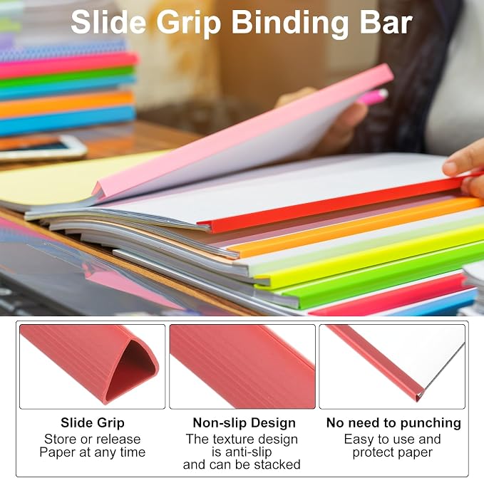 PATIKIL 100Pcs Binding Bars, 10mm Binding Bars Slide Grip 70 Sheets Capacity A4 Size Report Binder Triangle Presentation Binder for Report Cover Resume, Red