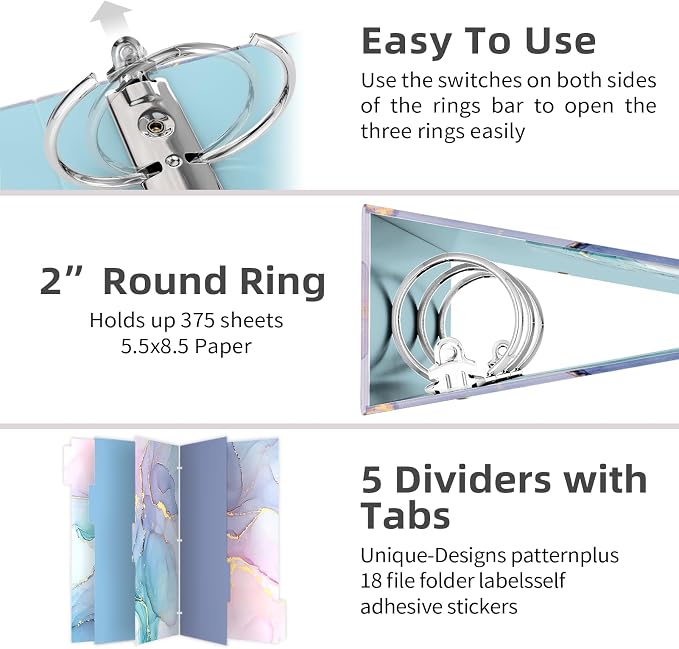 EYROZILL Mini Binder with Clipboard, 3 Ring 2 Inch,for 5.5" x 8.5" Paper.A5 Binders with 5-Tab Dividers for School Office Supplies and Home, Green Marble