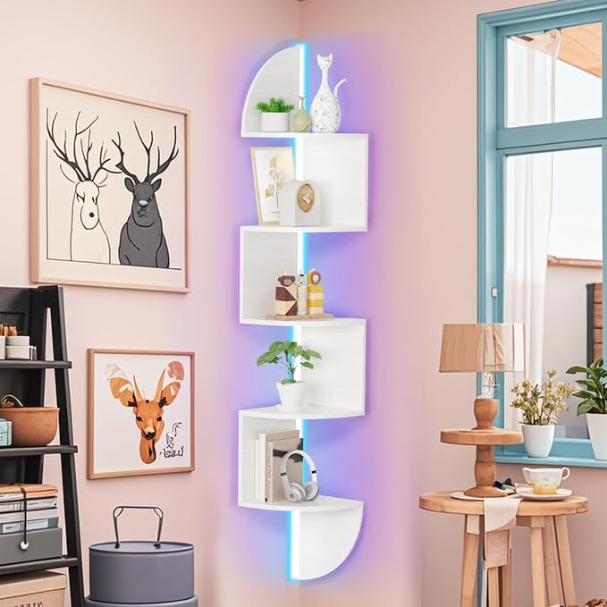 Corner Shelf, 5 Tier Bookshelf with LED Light, Corner Shelf Wall Mounted, Floating Shelves for Wall, Display Stand for Bedroom, Living Room, Bathroom, Home, Office, White