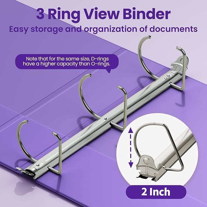 SUNEE 3 Ring Binder 2 Inch D Ring, Clear View Binder Three Ring PVC-Free (Fit 8.5x11 Inches) for School or Office Supplies, Dark Purple, 1 Pack
