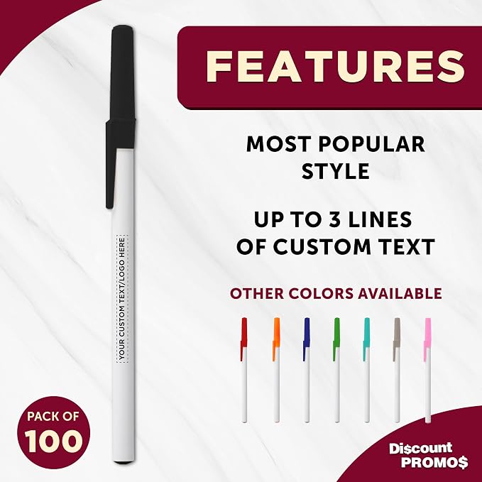 DISCOUNT PROMOS Custom Value Stick Pens Set of 100, Personalized Bulk Pack - Black Ink, Great for Office, School, Business, Tradeshows, Events - Black