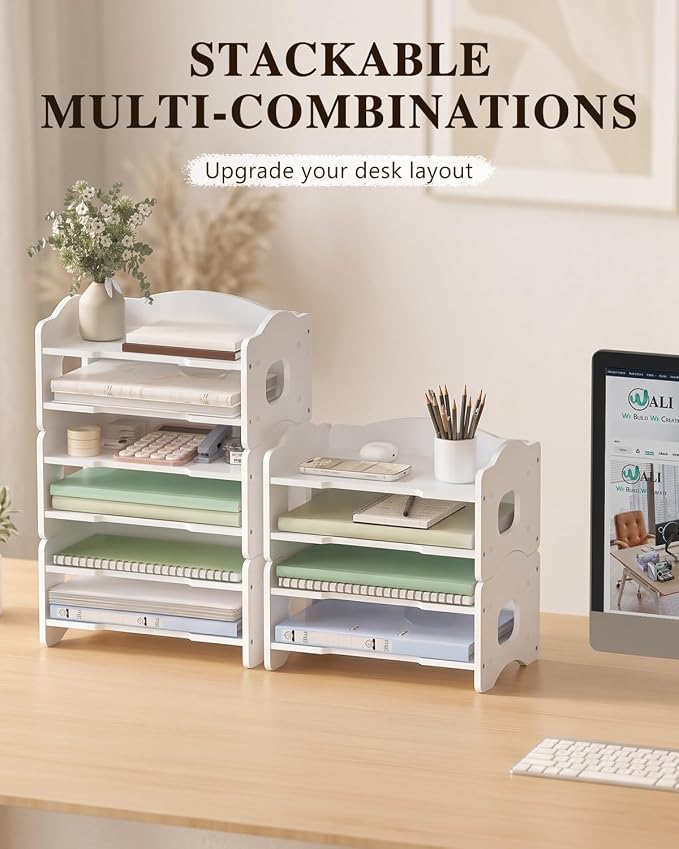 WALI Desk File Organizer, 2 Tier Stackable Desktop Paper Letter Tray Organizer with Handle, Office Desk Accessories & Workspace Organizers for Office, Home, School Supplies, 1 Pack, White