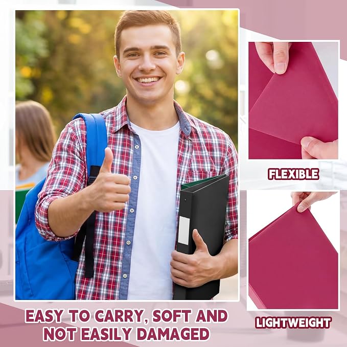 Henoyso 1 Inch 3 Ring Colored Binders Soft Flexible, 8.5'' x 11'' Plastic Floppy Binders Bendable with 2 Pockets, Colorful Binder Bulk for School Office Business ，12 Pack (Assorted Classic Color)