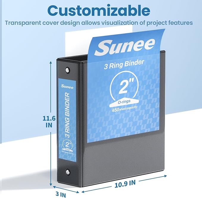 SUNEE 2 Inch Binders 3 Ring 12 Pack Bulk, PVC-Free Clear View 2" Binders (Fits 8.5x11 Inches) for School, Office & Home Use, Black