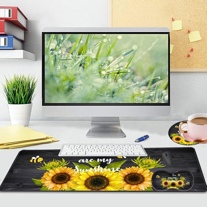 Large Gaming Mouse Pad 31.5x11.8 Inch Keyboard Pad + Ergonomic Wrist Rest Pad and Coaster with Non-Slip 3-Piece Desk Supplies Set, Sunflower, You are My Sunshine Design for Gamers/Office/Study