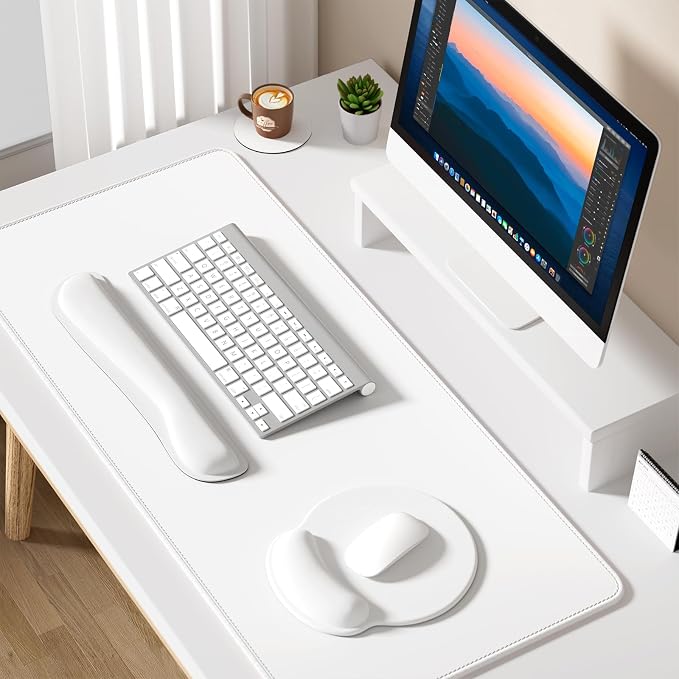 Dapesuom Large Gaming Mouse Pad, White Mouse Pads with Wrist Rest Wrist Support, 4in1 Big XXL Desk Mat Desk Pad + Ergonomic Mousepad + Memory Foam Keyboard Mat Wrist Rest + Coaster Set for Computer